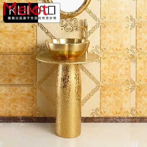 European style art pillar basin wash basin bar floor type wash basin ceramic gold integrated wash basin