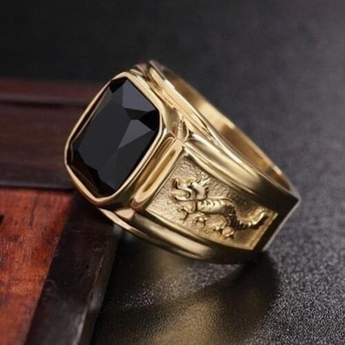 Successful Men Must Have Classic Ring Party Jewelry Inlaid Black Zircon Carved Golden Dragon Ring Gift