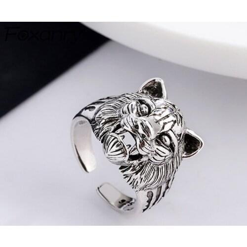 Foxanry 925 Sterling Silver Rings New Trend Punk Rock Hip Hop Vintage Unique Design Tiger Head Thai Silver Jewelry Party Gifts
