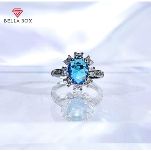 BELLA BOX Created Blue Sapphire Ring Original 925 Silver Charms Engagement Rings For Women Open Adjust Fine Jewelry Gift