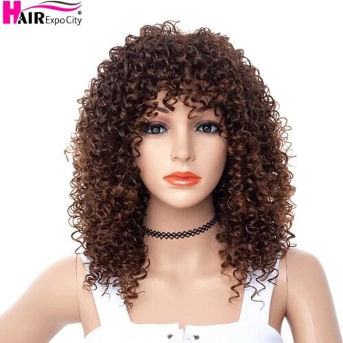 Short Afro Kinky Curly Wig With Bangs Synthetic Wigs For Black Women Heat Resistant Fiber Mixed Brown and Blond Hair Expo City