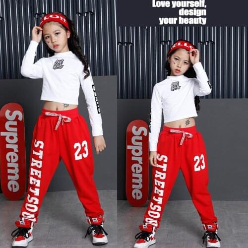 Red 1 set Girls Ballroom Modern Jazz Dance wear costumes Kids Hip Hop Party show clothes Adult Dancing Outfits Tops+Pants