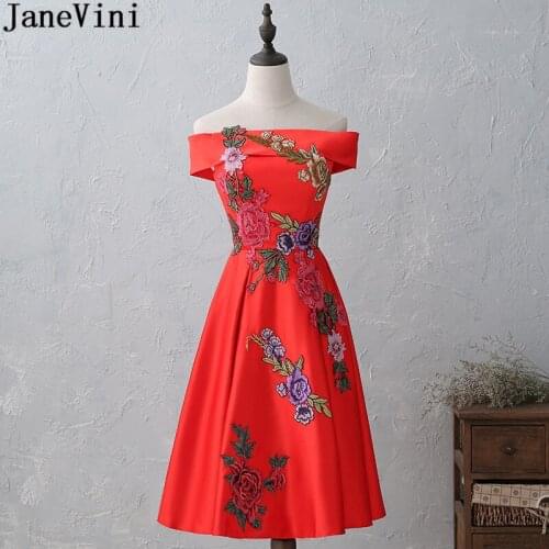 JaneVini Red Tea-Length Evening Dress Embroidery Appliques Boat Neck Mother Of The Bride Dresses Elegant Satin Formal Party Gown