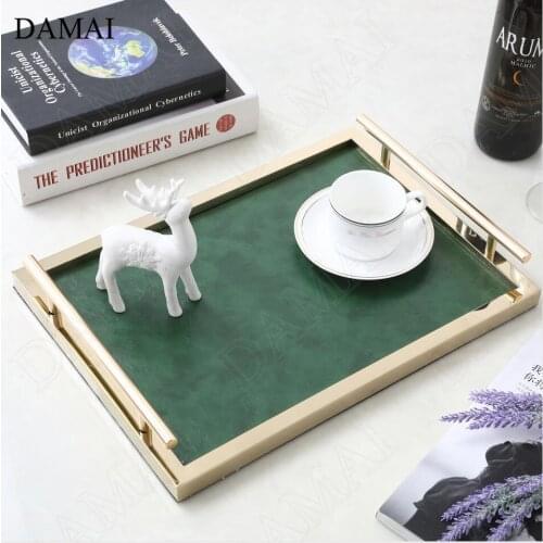 Creativity Leather Trays Decorative European Modern Gilded Golden Stroke Tea Cup Wine Set Storage Tray Living Room Decoration