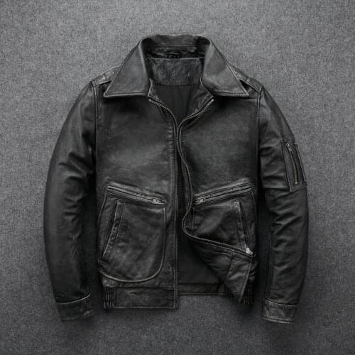 2021 Vintage Men Leather Jackets Cowhide Motorcycle Genuine Leather Motor Biker Clothing Distressed Leather Coat
