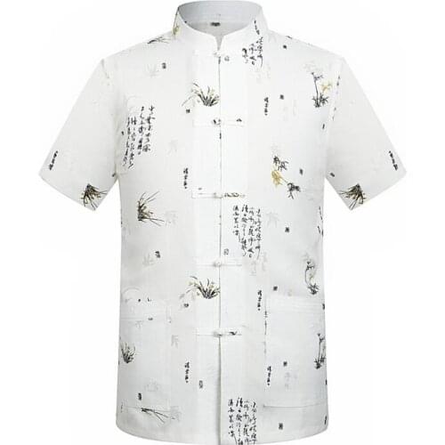 Short sleeve middle-aged flax Chinese tunic suit men printing jacket man blazer thin coats mens Tang suit Chinese style beige