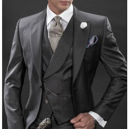 2017 Latest Coat Pant Designs Italian Grey Men Suit Double Breasted Slim Fit 3 Piece Tuxedo Custom Blazer Formal Suits Masculino