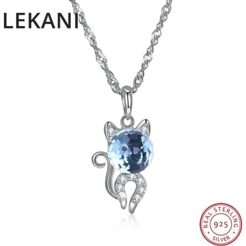 LEKANI Crystals From SWAROVSKI Cute Cat Pendants Necklaces Real 925 Silver Chain Collars For Women Girls Fine Animal Jewelry