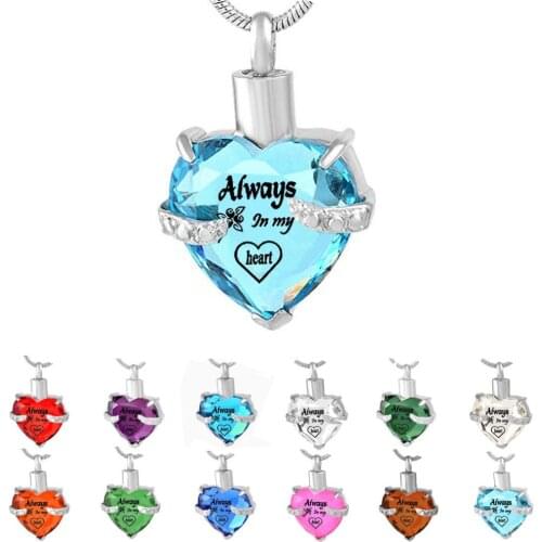 Always in My Heart 12 Birthstone Crystal Urn Necklace Heart Memorial Keepsake Pendant Cremation Jewelry