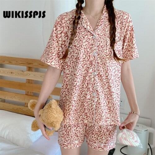 WIKISSPJS 2021 New Korean Leopard Print Short Sleeve Pajamas 2021 Casual Shorts Home Wear Two Piece Summer Suit Sleepwear