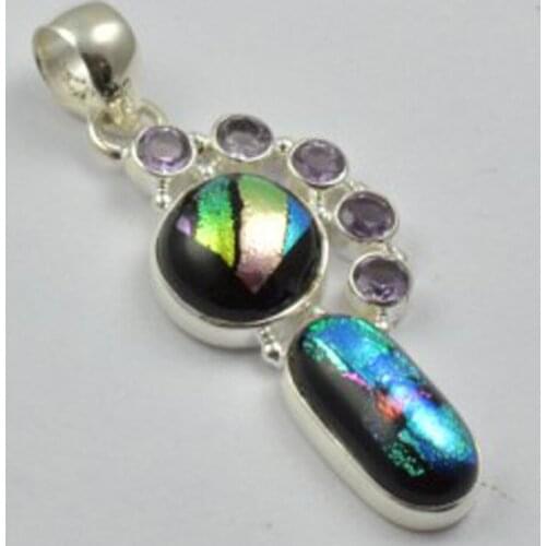 Genuine Dichroic Glass & Amethyst Pendant 925 Sterling Silver, 49.6 mm, AP4970