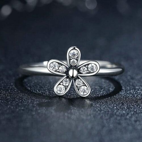 Authentic 925 Sterling Silver Dazzling Daisy Flower Rings for women,Elegant Original 925 silver Clear CZ ring Wedding Jewelry