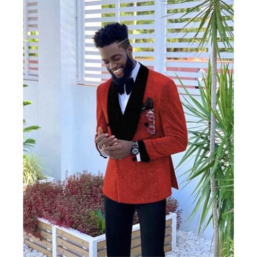 Luxury Sparkling Red Men Suits Wedding Grooms Tuxedos 2 Pieces Formal Blazer Double Breasted Prom Suits Blzers (Jacket+Pants)