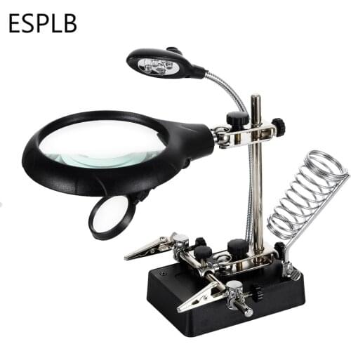 Helping Hand Third Hands Clip Clamp Soldering Iron Welding Stand Station with 5 LED Clip Magnifier Magnifying Glass EU/US Plug
