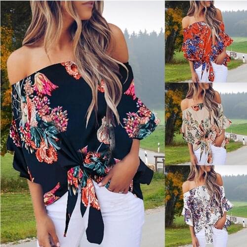 Women Flower Printing Off Shoulder Blouse Summer Plus Size Butterfly Lace Shirt Ladies Casual Loose Ruffles Sleeve Tops Blousers