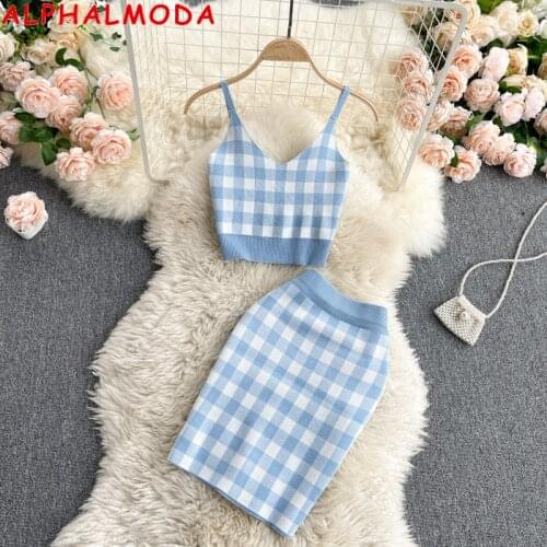 ALPHALMODA 2021 Summer Preppy Style Cute Plaid V-neck Tank Top High Waist Straight Knitting Pencil Skirts Suits for Women