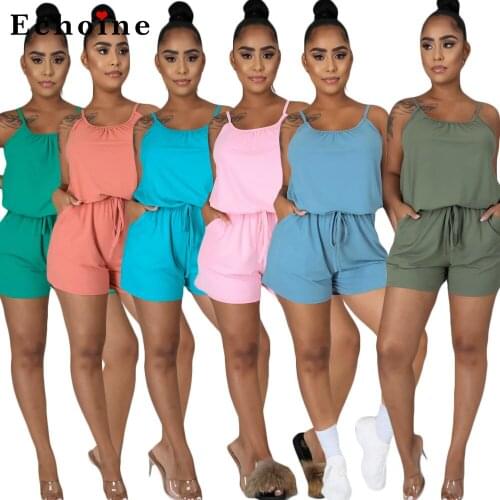 Womens Solid Color Casual Jumpsuit Camisole Shorts Adjustable Buckle Lace-up Spaghetti Straps Female Elastic Waist Chic Romper