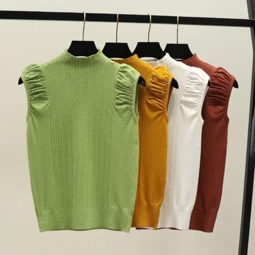 Pearl Diary Mock Neck Tops Summer Women Knitted Elastic Sleeve Tank Tops Korean Slim Fit Elegant Office Lady Outerwear Knit Tops