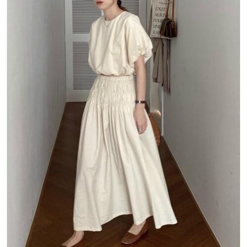 Oversized Summer Vintage 2 Two Piece Skirts Sets Women Outfits Puff Sleeve Crop Top and Elastic Waist Pleat Long A-line Skirt