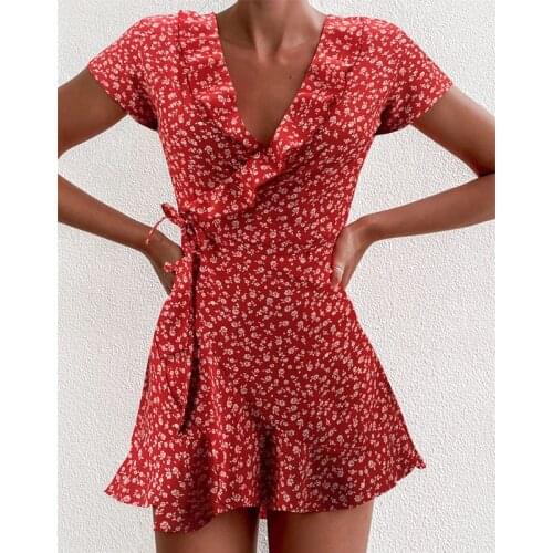 2021 Summer Fashion Casual Dress Sexy V-neck Ruffle Lace-up Print Party Dress Vintage Floral Print Lady Short-Sleeved Mini Dress