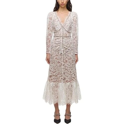 Runway Designers Dress Women Sexy V-neck Long Sleeve White Lace Marmaid Party Dresses 2021 Spring Autumn Vestidos De Fiesta