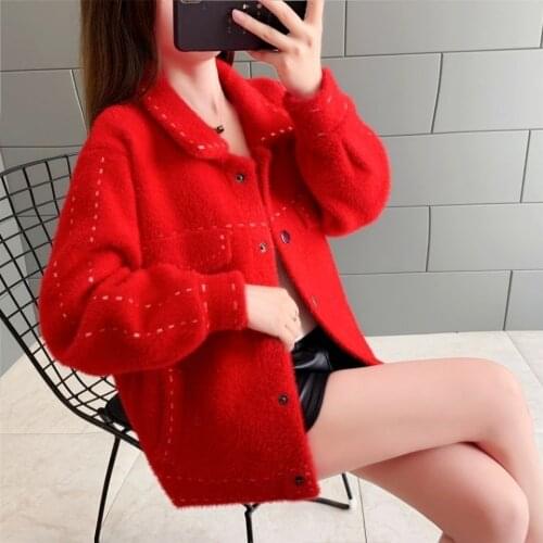 Women 2021 Autumn Winter Imitation Mink Cashmere Coat Cardigan Knit Thick Loose Sweater Jacket Female Casual Warm Outerwear A207