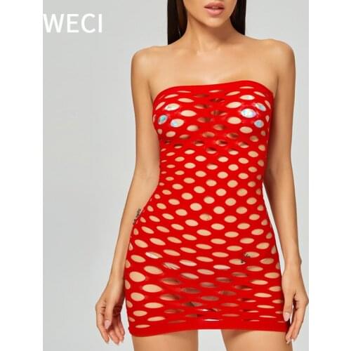 WECI Womens Hot Intimate Sexy Outfit Second Skin Mesh Tights Dress Costumes For Sex Bondage Lingerie Bodies Femme Hollow Hole