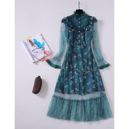 QUALITY Newest HIGH Fashion 2021 Gauze Dress Womens Elegant Flare Long Sleeve Vintage Blue Floral Printed Patchwork Mesh Dress