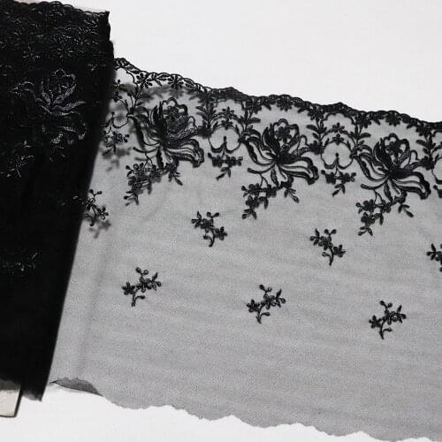 1Meter 21CM Wide Single Side Flowers Embroidery Lace Trim Black Tulle Fabric For Lingerie Underwear Bra Dolls Dress Decor Craft
