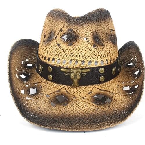 100% Straw Women Men Hollow Western Cowboy Hat Lady Leather Punk Brand Sombrero Hombre Beach Cowgirl Jazz Sun Hat Size 56-58CM