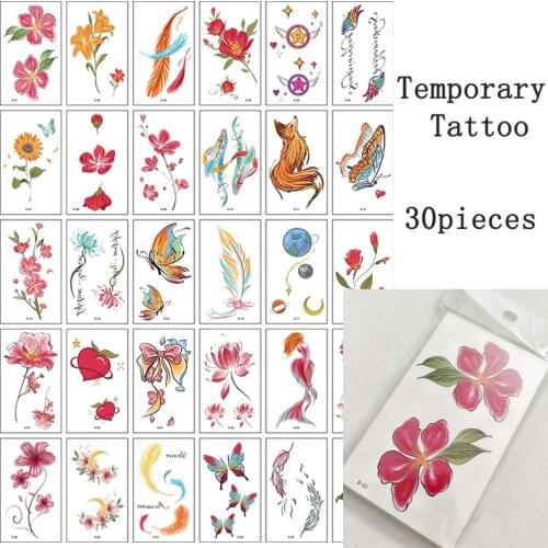30pcs Temporary Tatoo Sticker Love Bow Feather Waterproof Fake Tattoo Higan Flower Butterfly Design Body Art Tattoos Man Woman