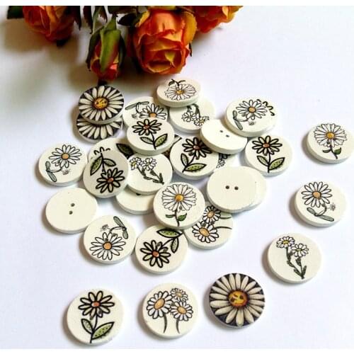 50pcs 20mm Mixed Wood Buttons 2 Holes White Flower Round Pattern Decorative buttons Sewing Scrapbooking For DIY