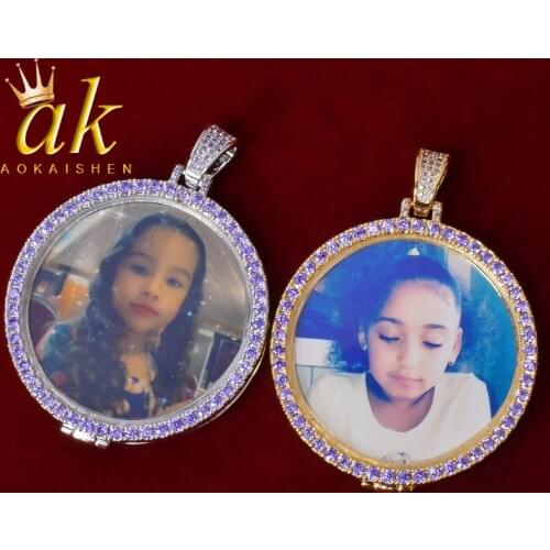 No Chain Custom Photo Medallions Pendant Purple Cubic Zircon Mens Hip Hop Rock Jewelry