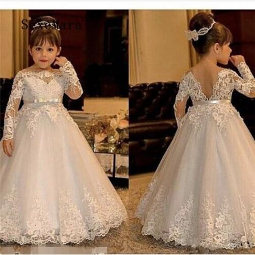 Long Sleeve Off Shoulder Flower Girls Dresses for Wedding Puffy Tulle Lace Kids Princess Party Dress First Communion Gown