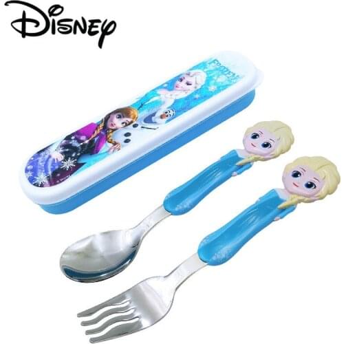 Disney Frozen Elsa Princess Spoon Baby Feeding Cute Mickey 3D Cartoon Kids Spoon and Fork Set Travel Cutlery Set Utensils Metal
