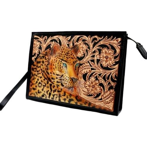 Handmade Women Men Vegetable Tanned Leather Designer Bag Leopard Money Holder Clutch Purse Clutches Envelope Sacoche Homme