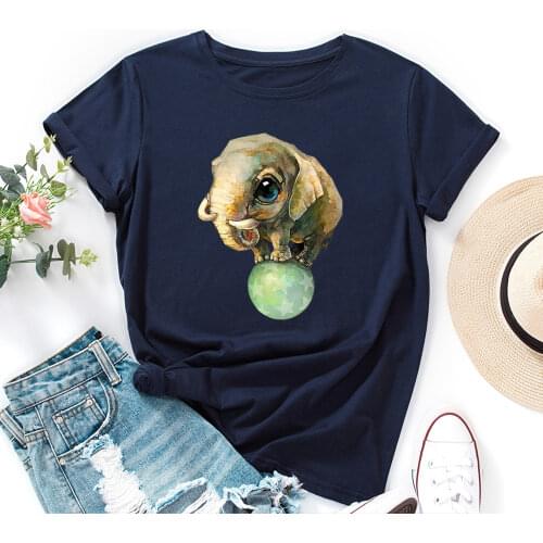 Funny Cute Elephant Animal Graphic Tee Top Summer Women Short Sleeve Crewneck Cotton T-Shirts Tops Female Oversize Shirt Clothes