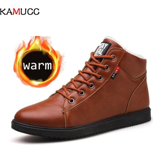 KAMUCC 2019 Autumn Winter Leather Ankle Snow Men Boots Shoes With Fur Plush Warm Male Casual Boot Sneakers Male PU Winter Boots