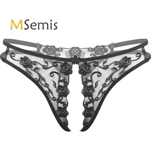 Mens Erotic Sexy Crotchless Underwear See-Through Thongs Lace Sissy Panties Flower Embroidery Lingerie G-String Thongs Briefs