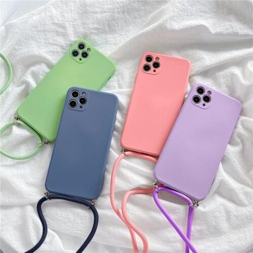 Candy Color Soft Silicone Shockproof Phone Back Cover for IPhone 12 Mini 11 Pro Max XS X 8 7 Plus Crossbody Lanyard Phone Case