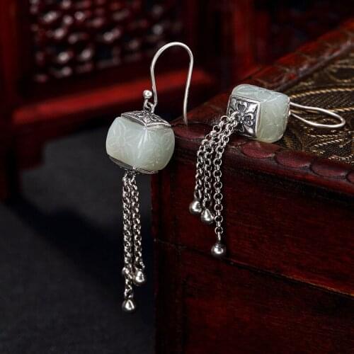 Natural 925 sterling silver inlaid hetian white jade tassel earrings jewelry simple individuality for women earings