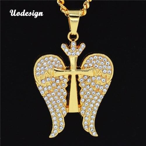 Uodesign HIP Hop Iced Out Bling Cross And Angel Wings Men Pendant Necklaces Gold Color Christian Necklace for Men
