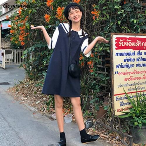 Dresses Women Spring Summer Solid Sailor Collar Japanese Style Students New Fashion Party Oversize Cute Girls All-match Female