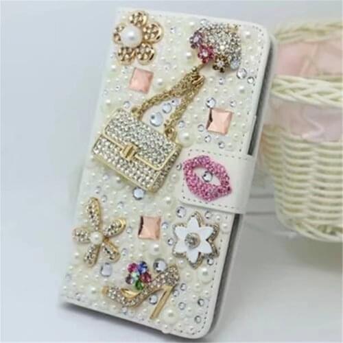 Luxury Crystal Rhinestone Wallet Leather Diamond Phone Case For iPhone 11 12 Pro Max XR 6 7 8 plus Pearl Flower Lipstick Cover