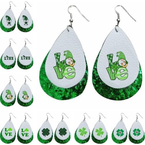 St Patricks Day Faux Leather Earrings 32Pairs / Set Hat Clover Leaf Printed Earrings 2021