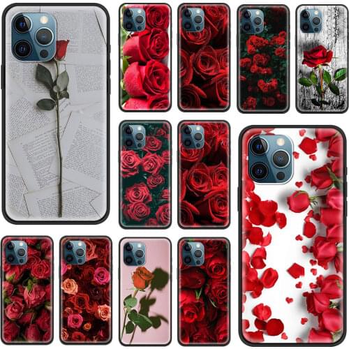 Silicone Case for iPhone 11 Pro Max 12 Mini 7 8 Plus XR X XS Phone Funda Cover SE 2020 6 6S 5 5S Shell Red Rose Flower Coque Sac