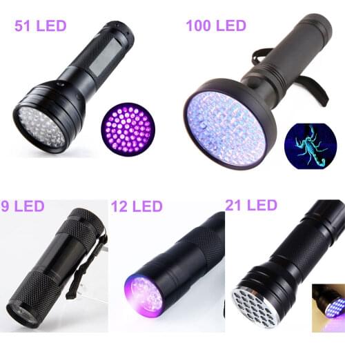 9-100 LED UV Flashlight Ultraviolet Blacklight LED UV Light Lamp Outdoor Waterproof Aluminum Torch Detector for Dog Urine Stains