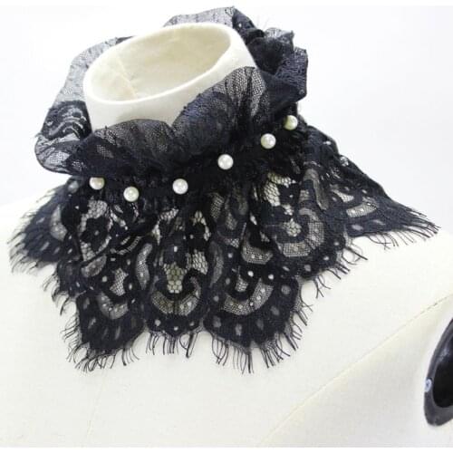 Pleated Ruffles Stand Fake Collar Crochet Lace Imitation Pearl Necklace Choker
