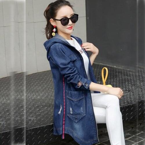 Spring Women Denim Jacket 2019 Fashion Solid Color Large size Outerwear Medium Long Hooded Zipper Slim Women Cowboy Coat HC048