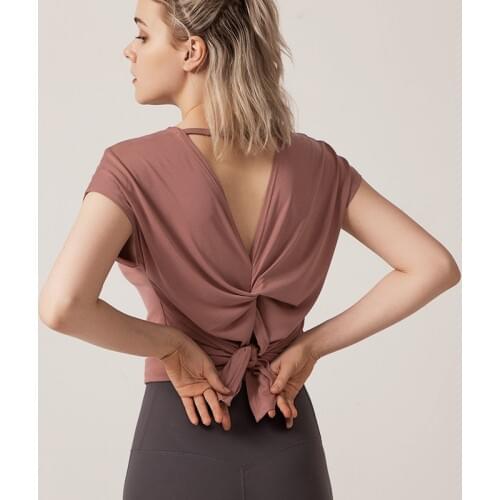 Women Loose Yoga Tops Fitness Sportswear T-Shirt Pilates Workout Open Back Short Sleeve Sexy Dance Top Cloth for Gym Exercise